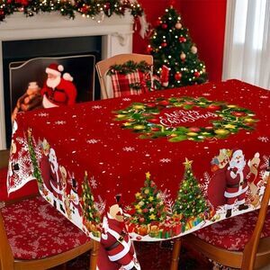 55x71in Elegant Polyester Santa and Wreath Merry Christmas Tablecloth